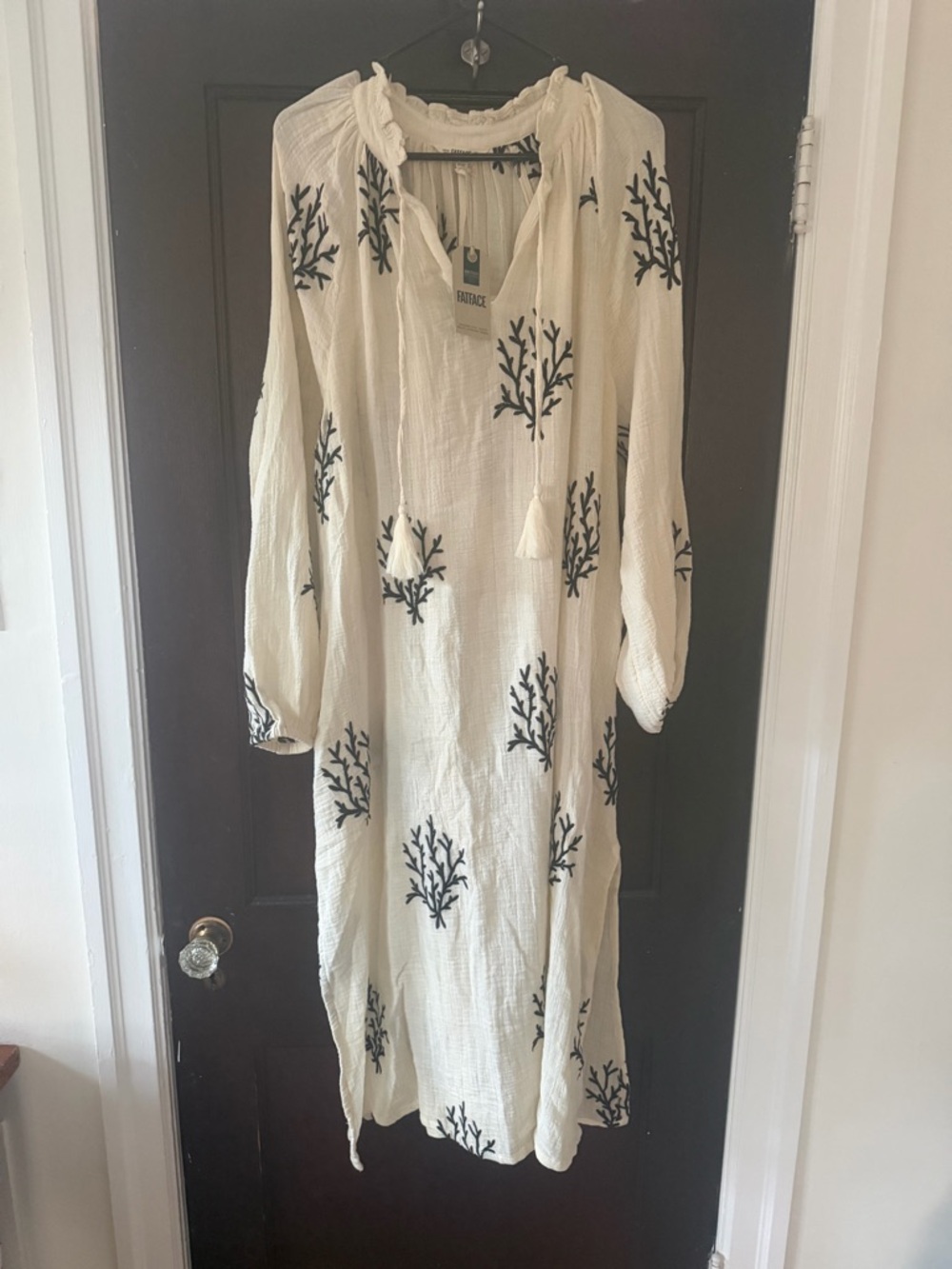 Fat Face Boho Embroidered Cream Tunic Dress with Black Coral Motif NWT size XL